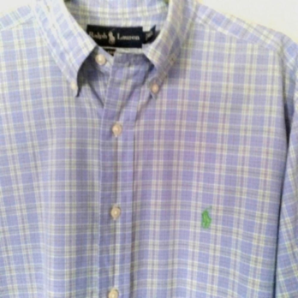 Ralph Lauren Classic Fit Mens Light Blue Plaid Button Down Shirt Lime Pony Large